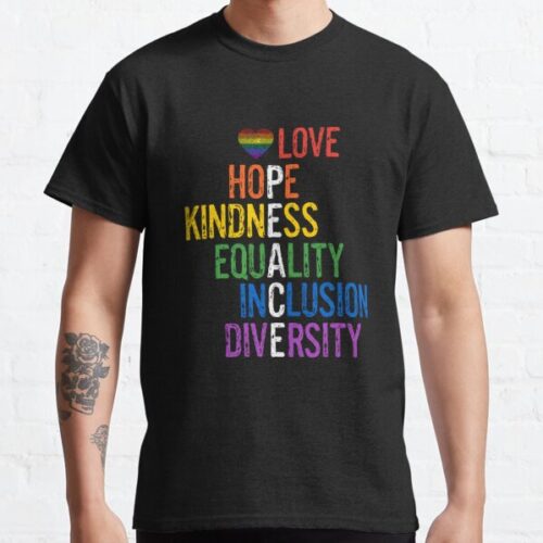 A t-shirt with rainbow print celebrating DEI