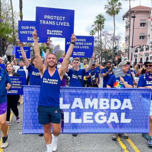 People in a parade holding Lamda Legal banners and signs that say 'Protect Trans Lives'